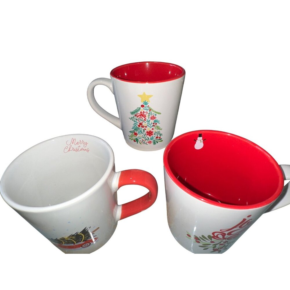 Christmas Ceramic Mug Set Red Interior Holiday Coffee Cups Joy Tree Car Design - Picture 3 of 10